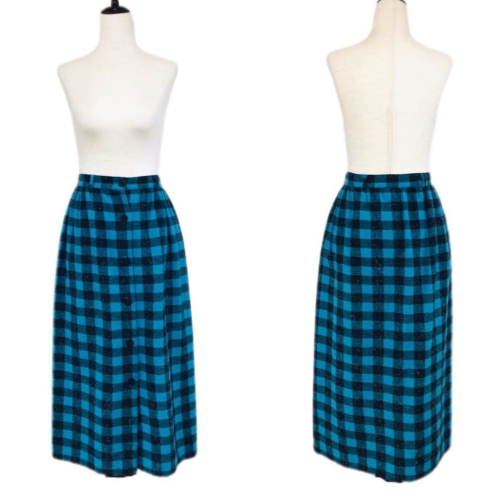 VINTAGE Blue Buffalo Plaid Button Front‎ Midi Skirt Wool Blend 70s 80s Size 2